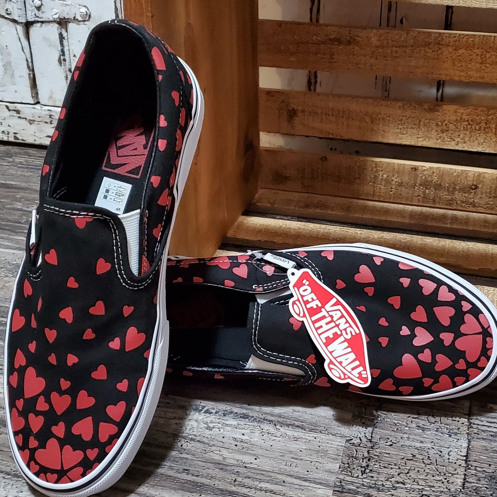 Vans Black and Red Heart Slip-On Shoes